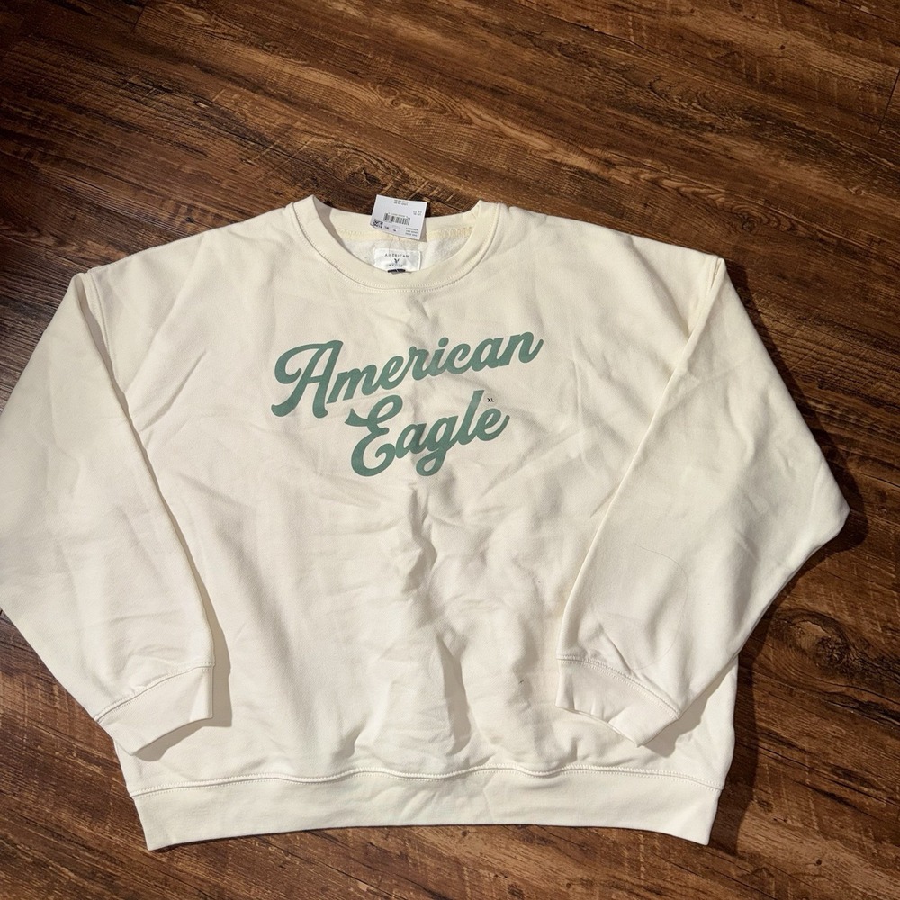 American Eagle Tan Green Felt Logo Pullover Sweater Women's XL NEW $50